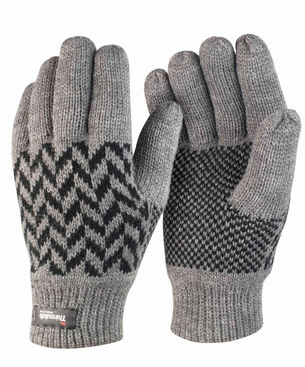 A pair of gray knit R365X gloves with black decorative patterns on the fingers and palms. The label near the wrist reads "Result Thinsulate.