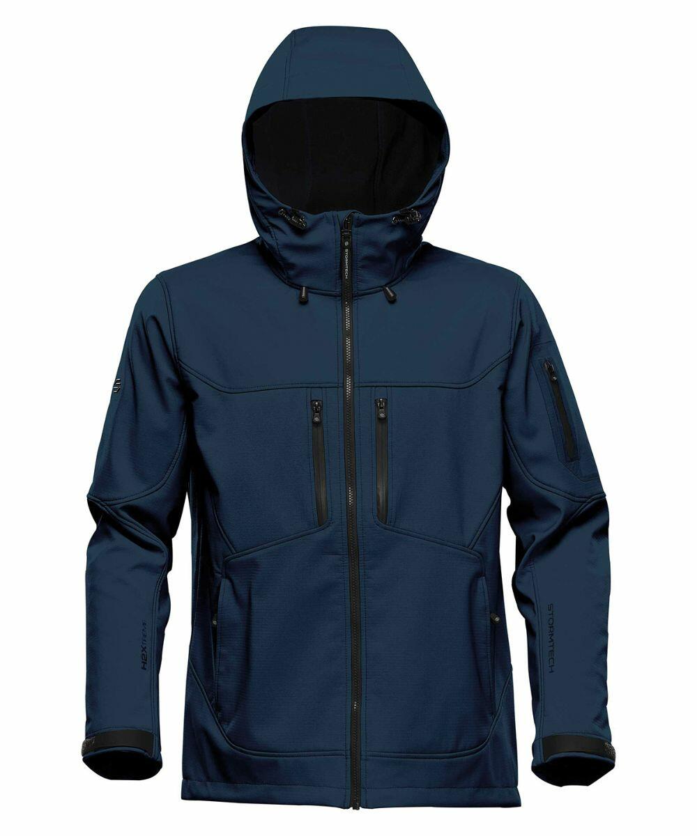 A navy blue Stormtech ST017 with front zippers and multiple pockets, including chest and sleeve pockets. The jacket is designed with a modern fit and features drawstrings on the hood.