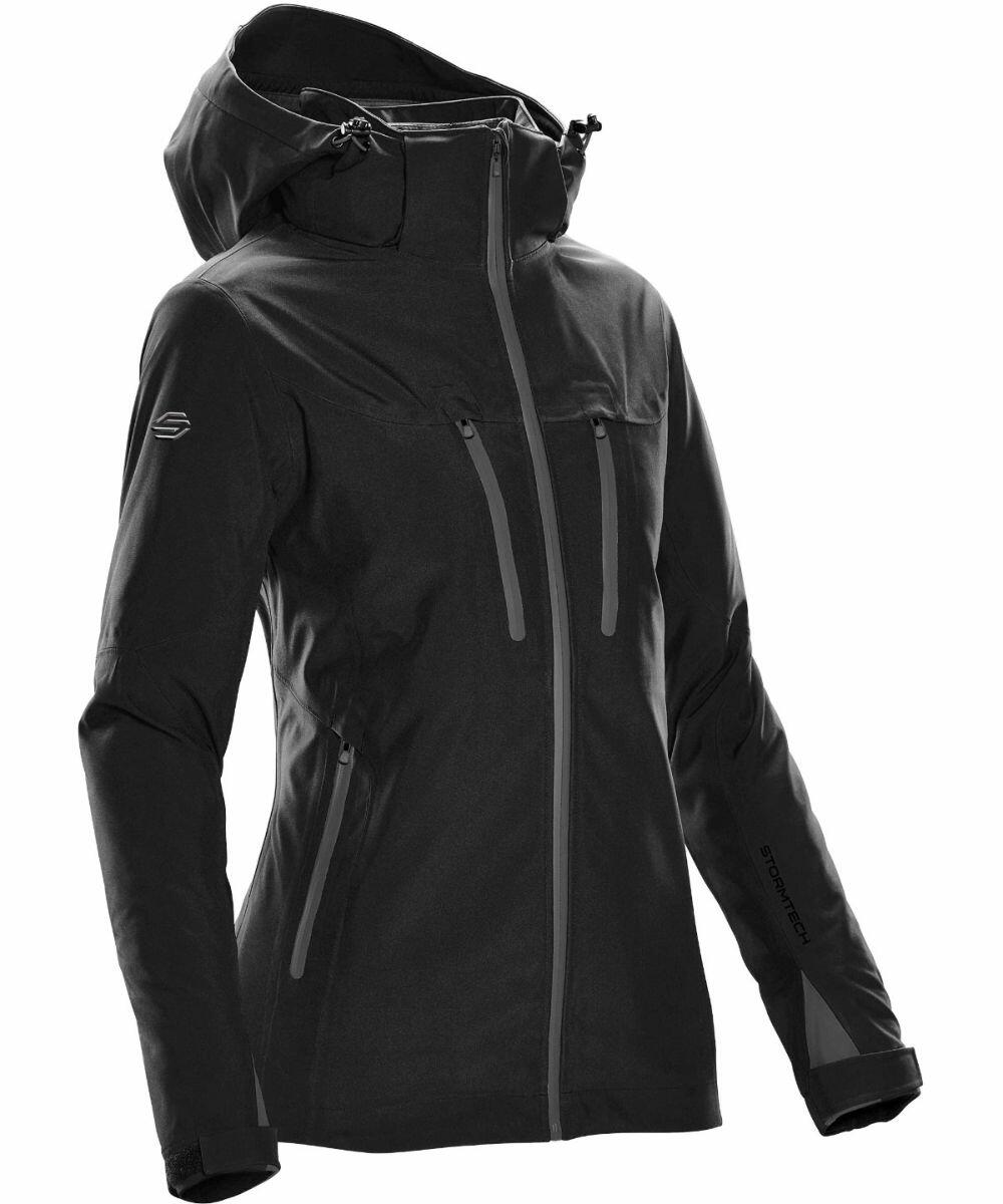 A black hooded Stormtech ST194 jacket with multiple zippered pockets and a high collar.
