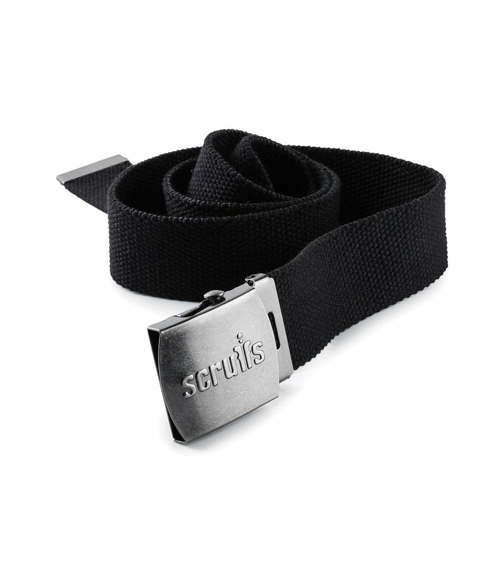 A black woven belt with a silver buckle featuring the word "Scruffs SH080".
