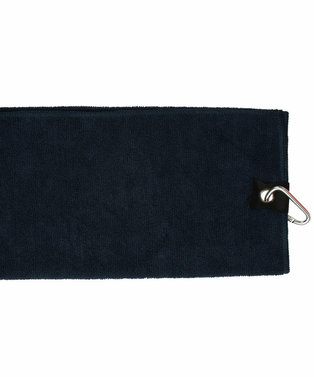 A dark blue rectangular towel attached to a silver carabiner clip on one corner, the TC019 by Towel City.
