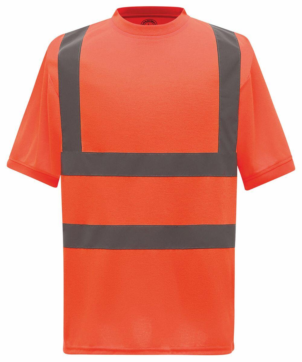 An orange high-visibility Yoko YK025 T-shirt with reflective horizontal and vertical stripes on the front.