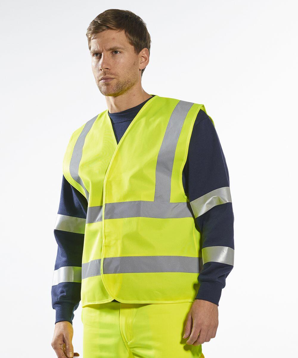 Person wearing a bright yellow Portwest PW002 high-visibility safety vest and yellow pants.