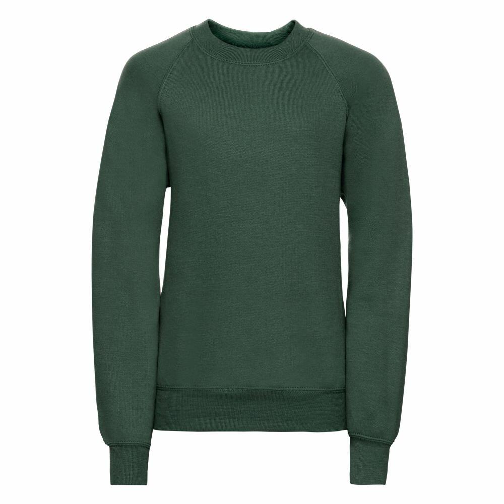 Russell 7620B: A dark green sweatshirt featuring long sleeves and a crew neck.
