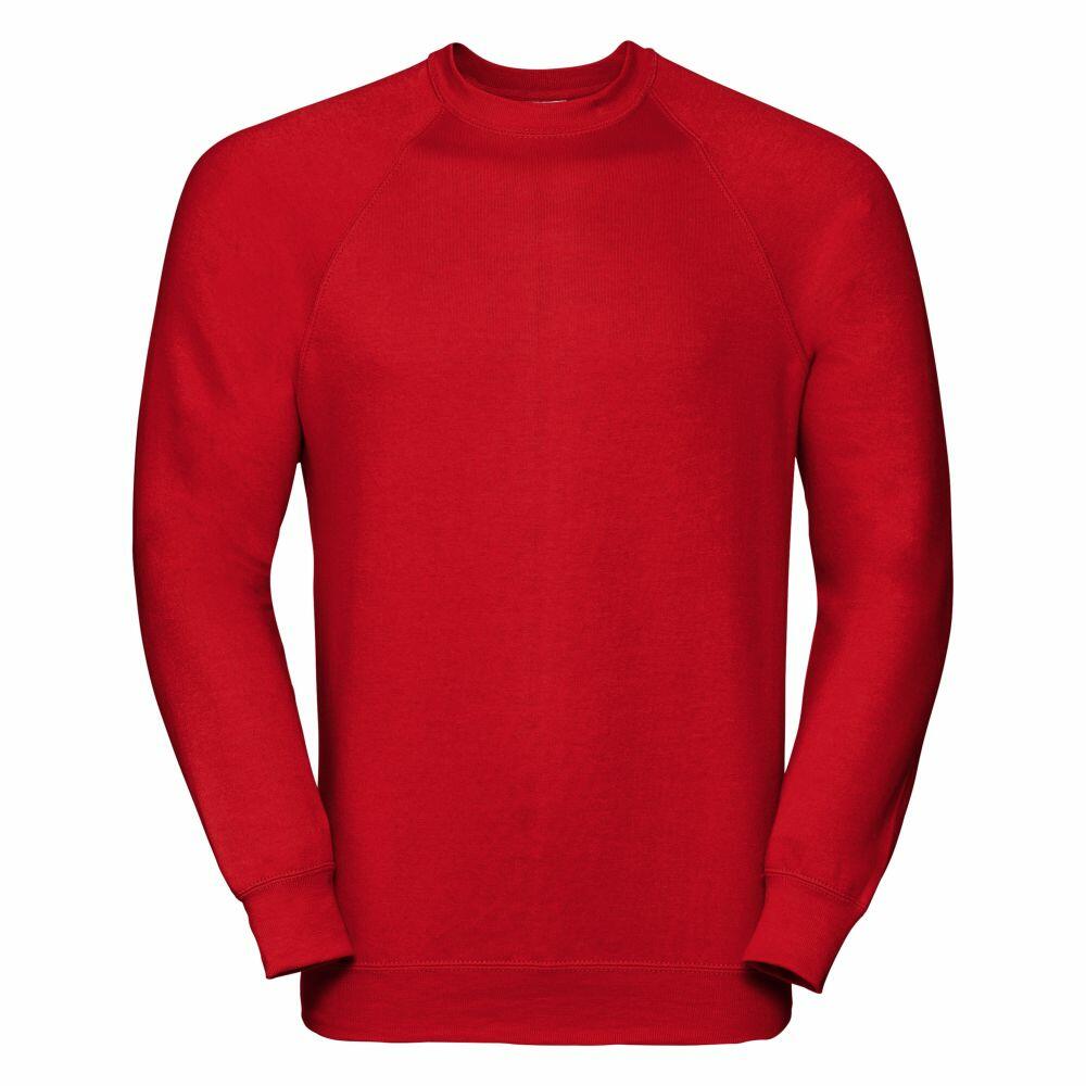 A red Russell sweatshirt (product code: 7620M) featuring long sleeves and a round neckline, displayed against a white background.