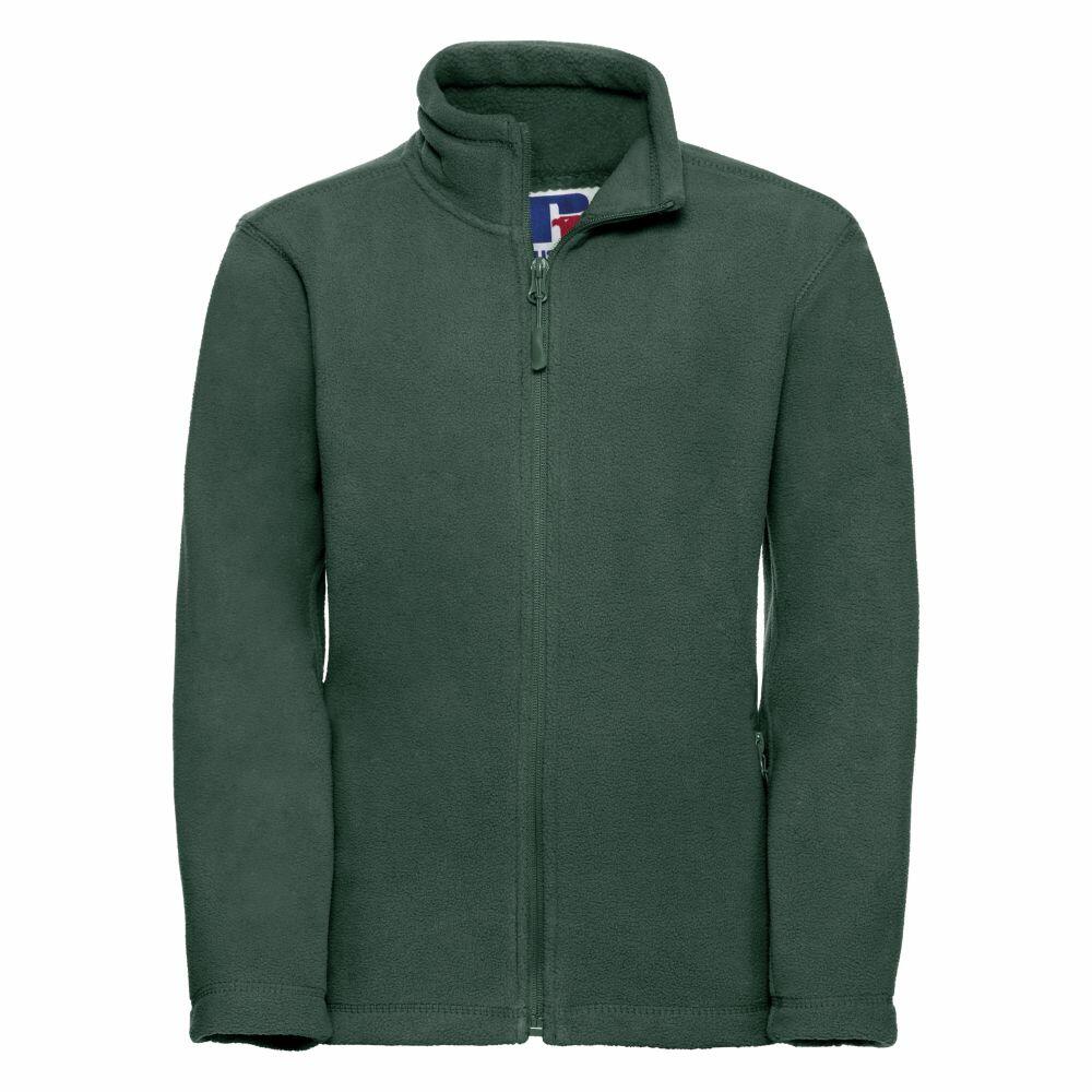 The Russell 8700B fleece jacket comes in green and features a full front zipper along with a high collar.