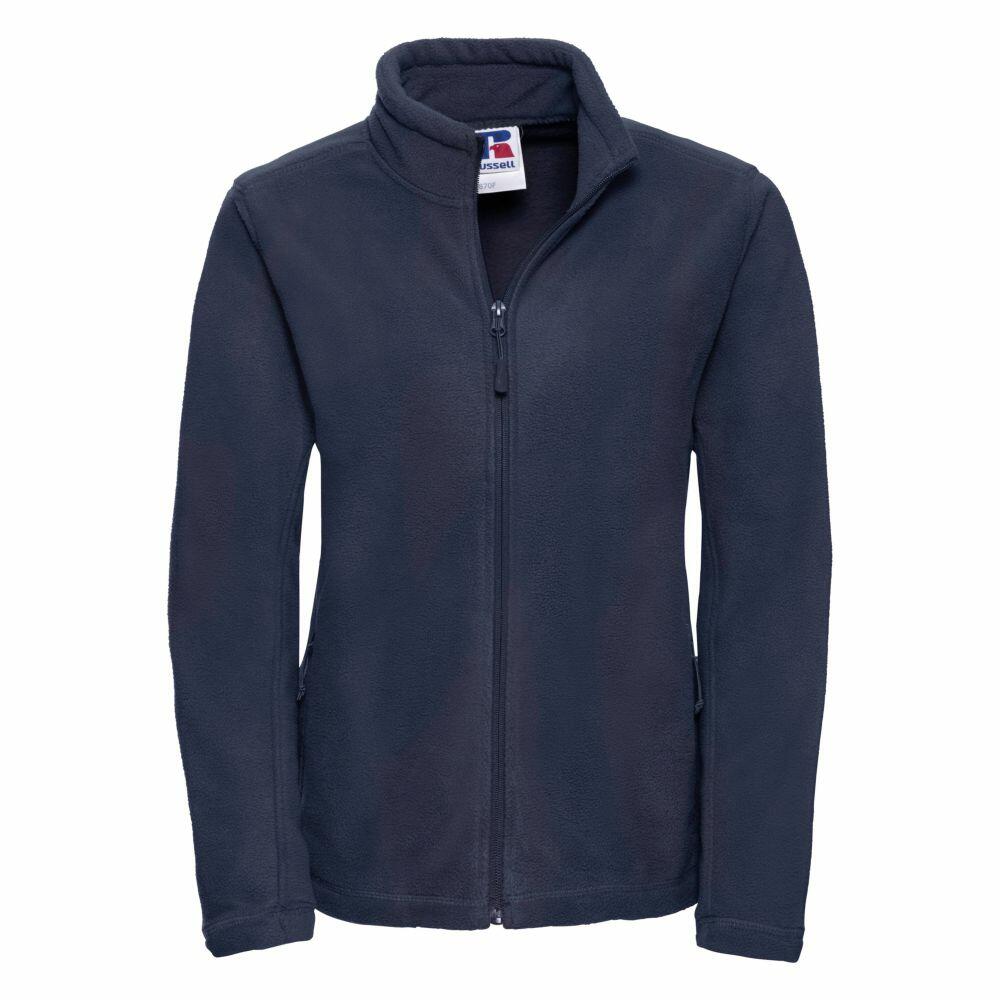 Russell's 8700F is a navy blue fleece jacket featuring a high collar, long sleeves, and a full-length zipper. Its minimalist design makes it perfect for cool weather.