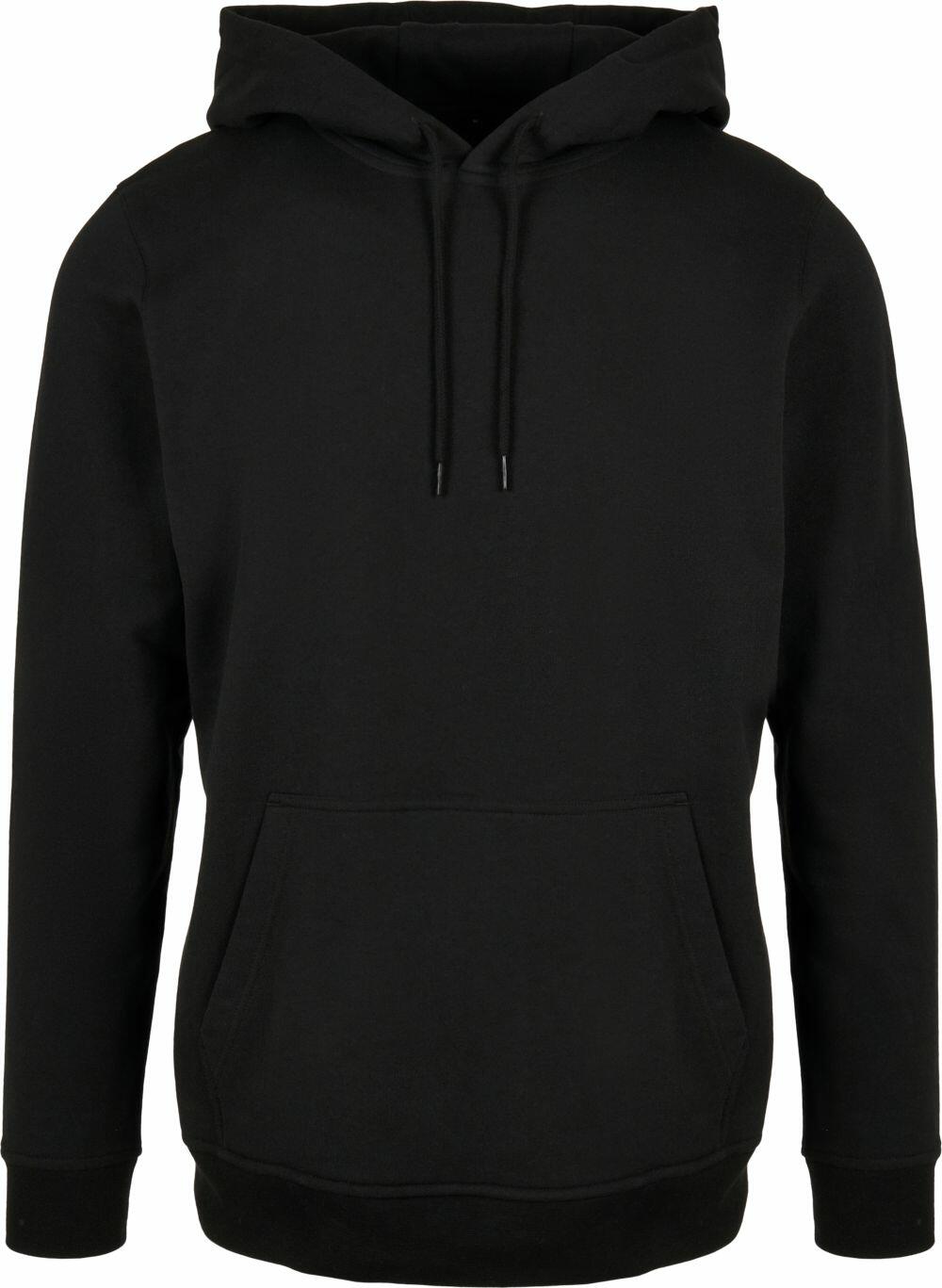 The Build Your Brand Basic BB001 is a plain black hoodie featuring a front pocket and a drawstring hood.