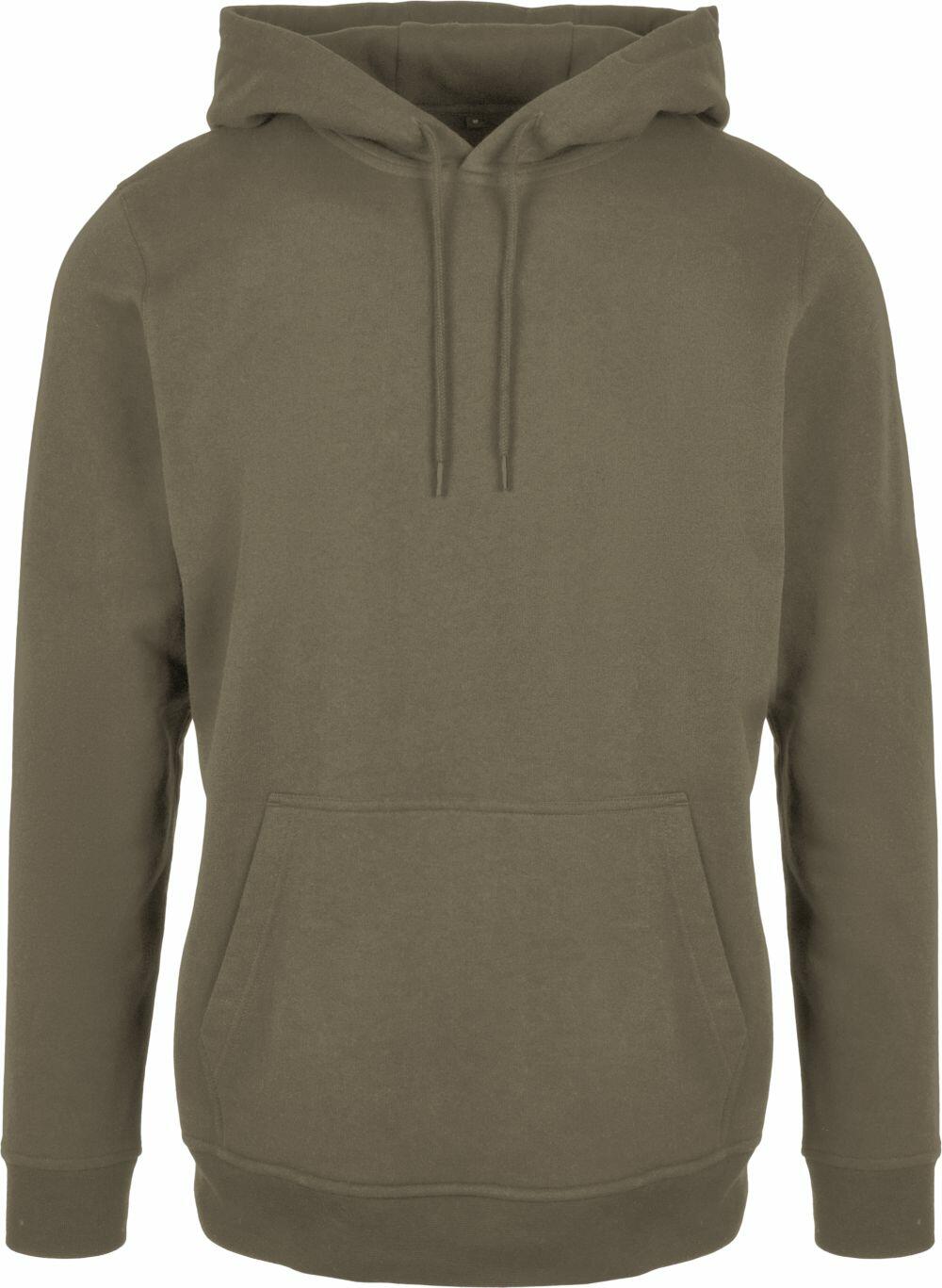 The BB001 hoodie by Build Your Brand Basic features an olive green color, a front pocket, and drawstrings.