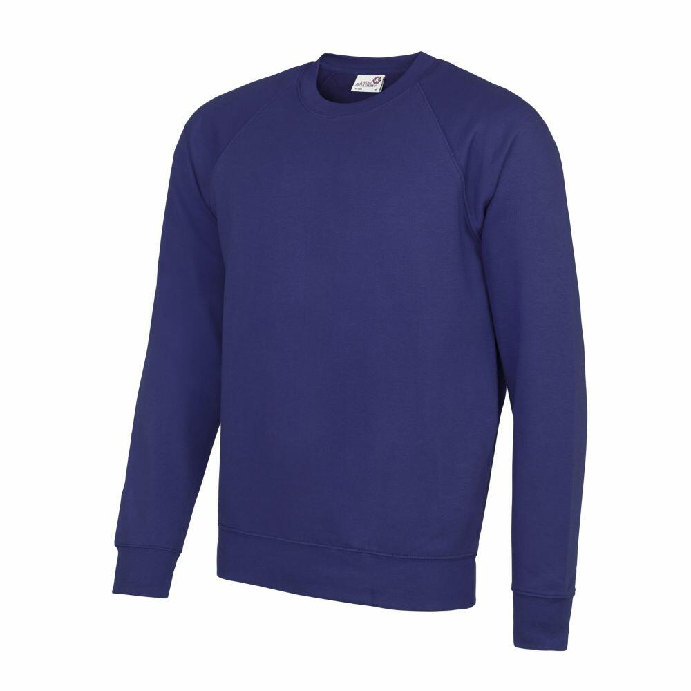 A plain blue crewneck sweatshirt from AWDis Academy, featuring long sleeves and ribbed cuffs, displayed on a white background. Product code: AC001.