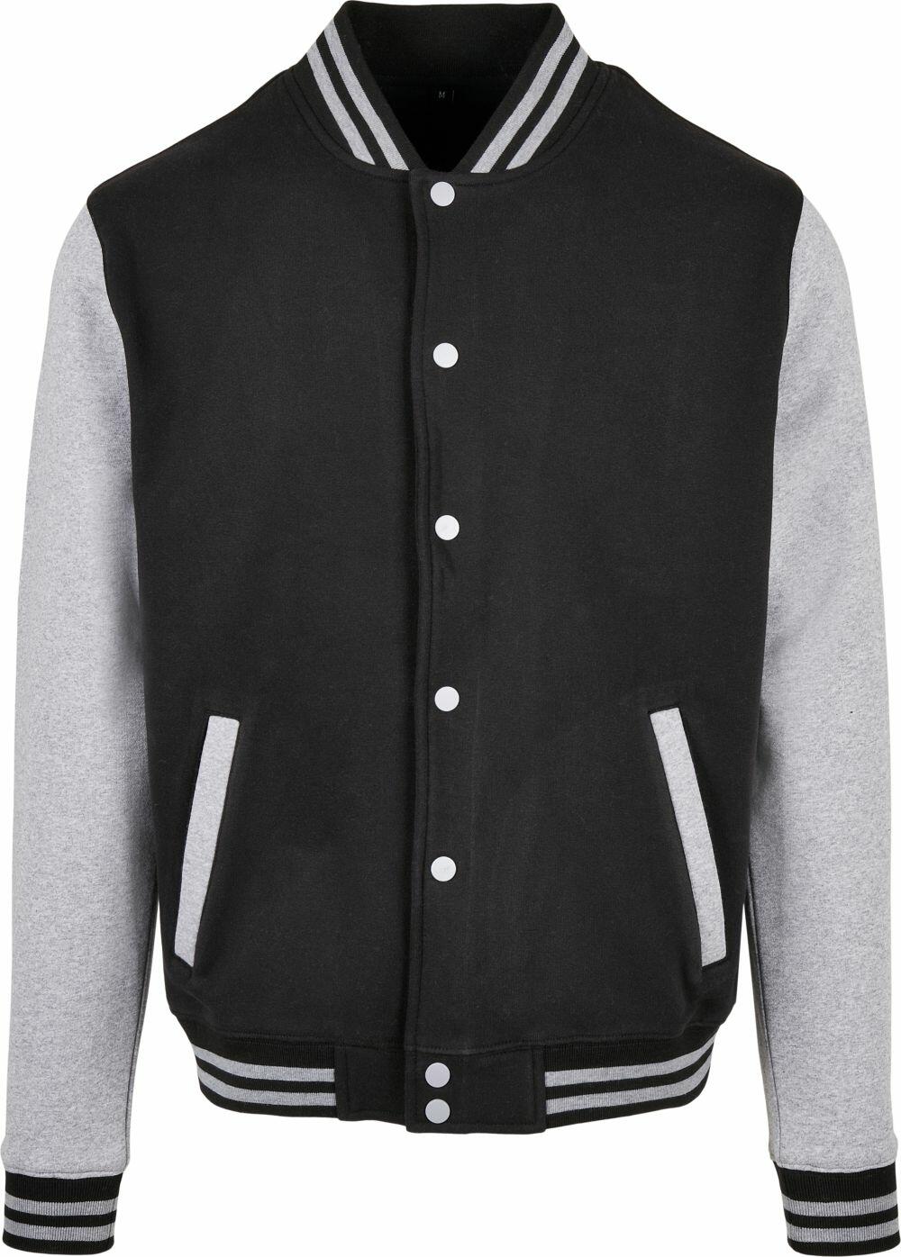 Build Your Brand Basic's product BB004 is a black and gray varsity jacket featuring striped cuffs, a collar, and white buttons.