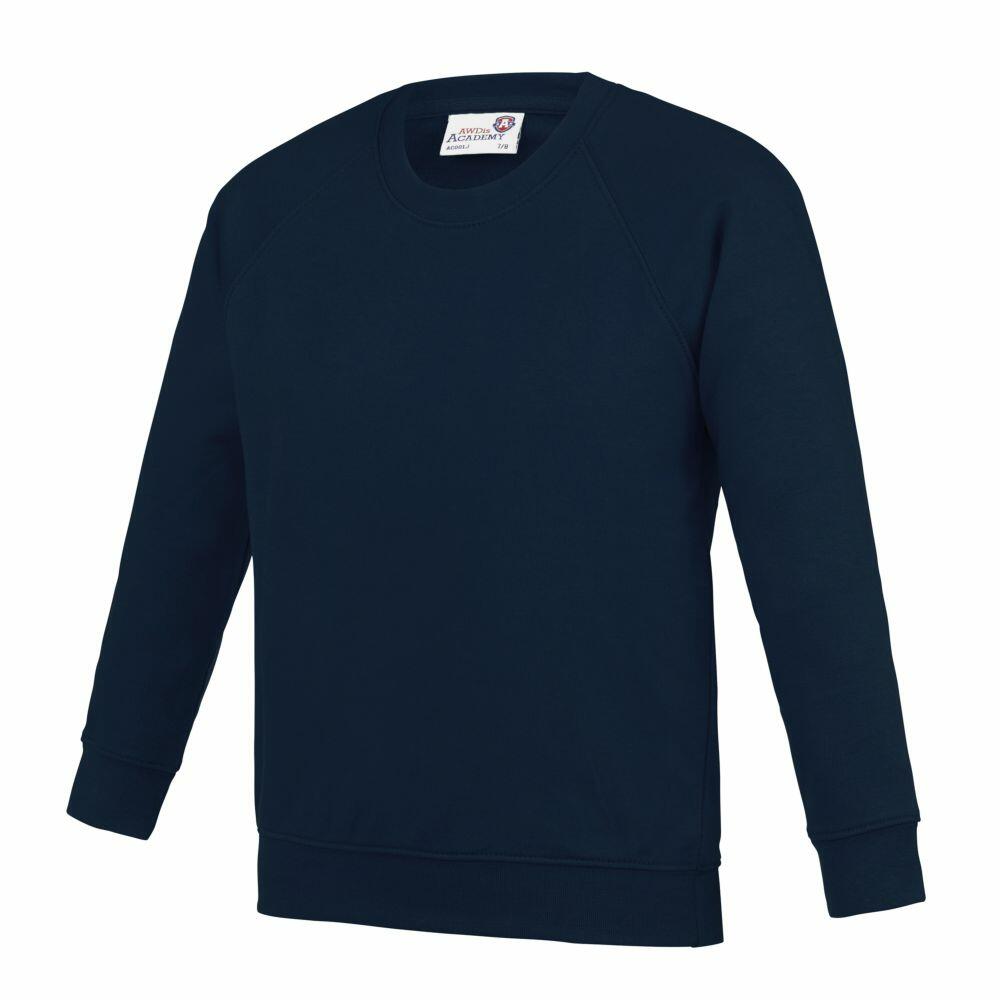 A navy blue crewneck sweatshirt from AWDis Academy, labeled as Product AC01J, is displayed against a plain white background. It features a simple design with ribbed cuffs and hem, and a small tag can be seen at the neck.