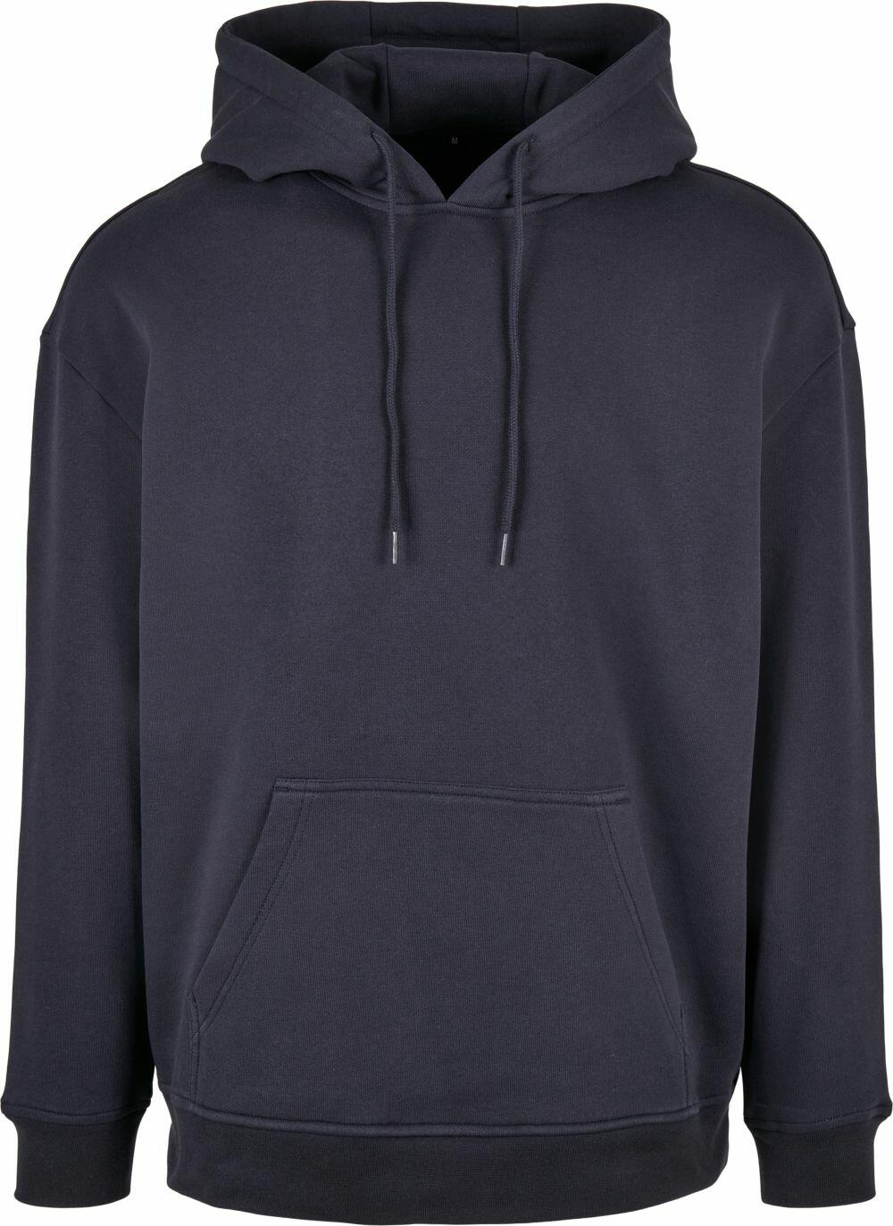 The BB006 by Build Your Brand Basic is a plain black hoodie with a front pocket and drawstring hood, shown against a white background. It features a relaxed fit and long sleeves.