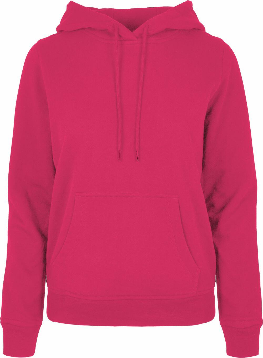 The BB007 hoodie by Build Your Brand Basic features a vibrant red color, complete with a front pocket and drawstrings. The fabric looks soft and comfortable, ideal for casual attire. It is showcased against a simple white background.