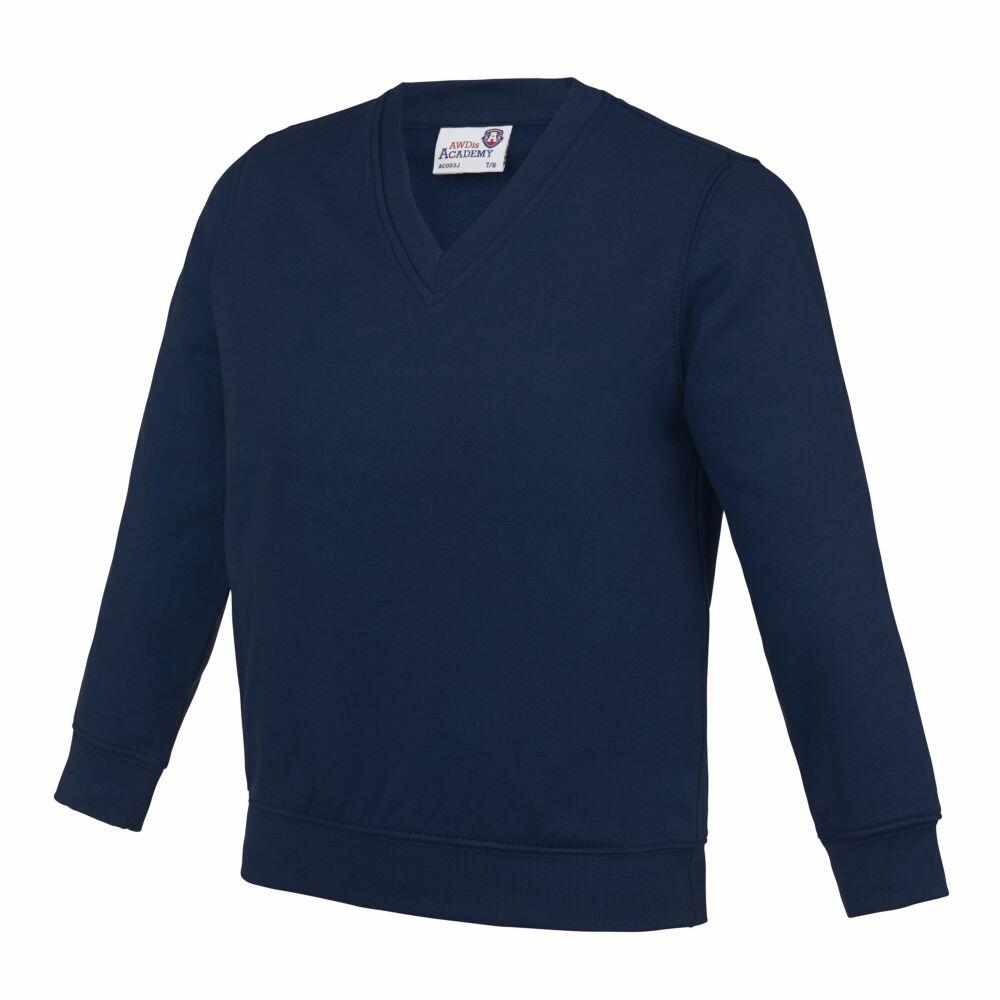 An AC03J sweater from AWDis Academy in navy blue, featuring a V-neck design with long sleeves, is displayed against a white background. The label inside the collar is partially visible but not readable. This sweater seems to be crafted from a soft and comfortable material.