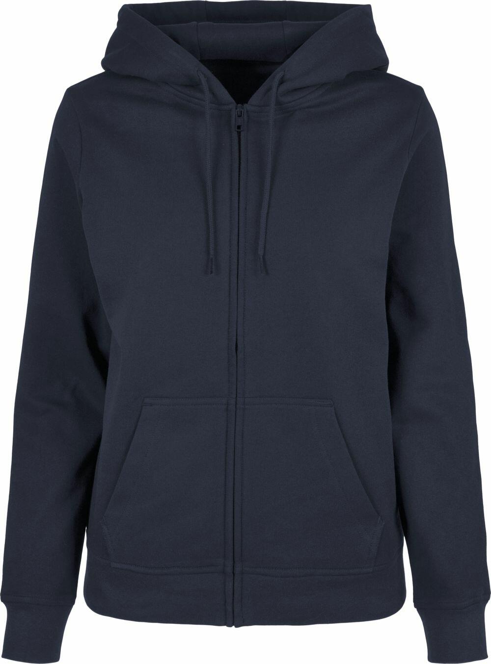 The BB009 hoodie by Build Your Brand Basic, featuring a black zip-up design with a drawstring hood and front pockets, is displayed against a white background.