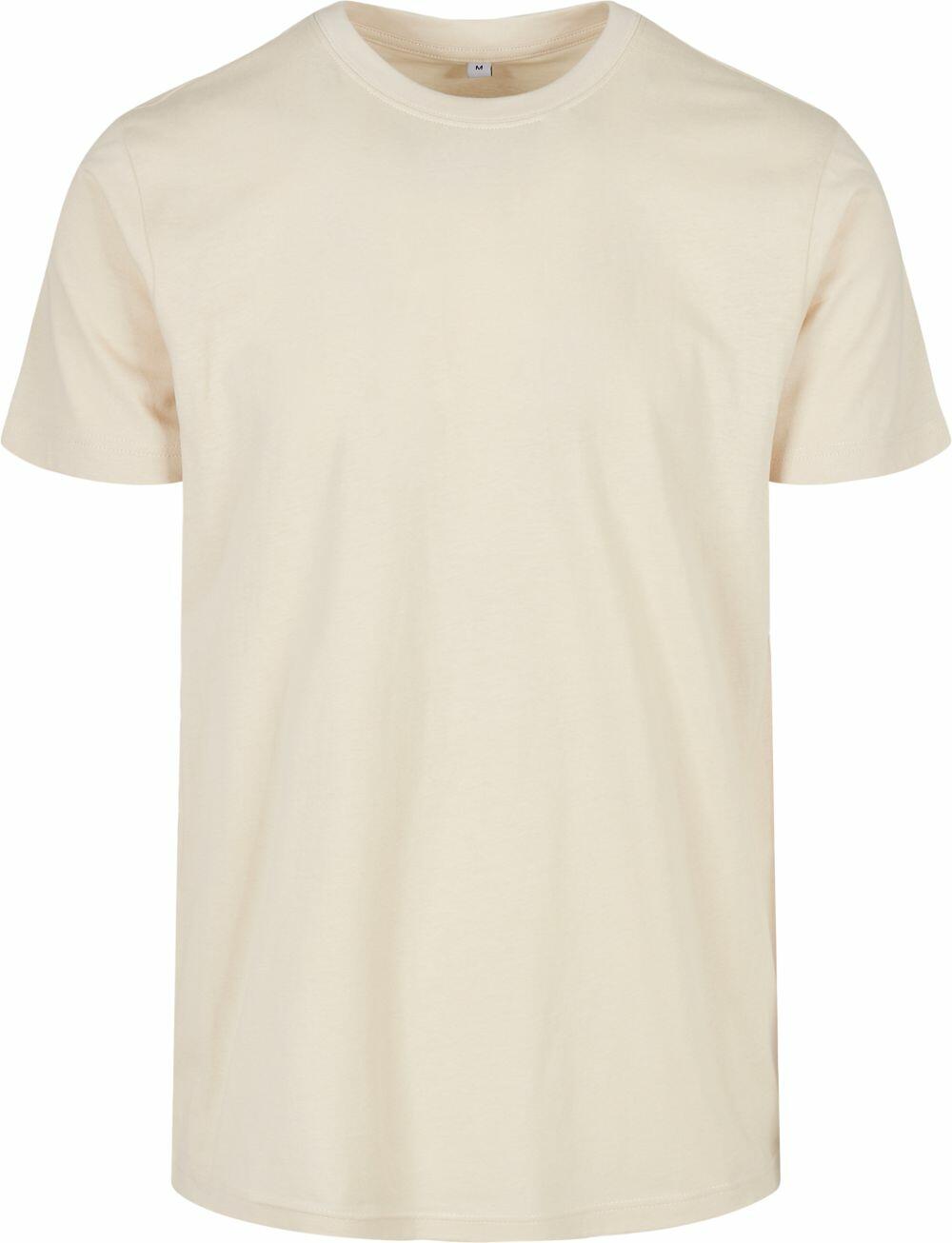 A plain, BB010 T-shirt in cream color with short sleeves and a round neck, by Build Your Brand Basic, displayed against a white background.