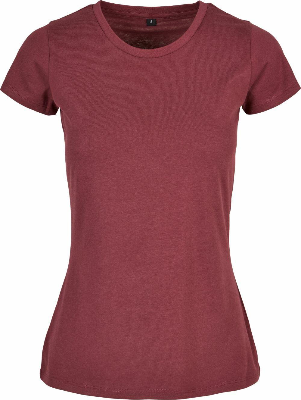 A Build Your Brand Basic BB012 T-shirt, featuring a plain maroon color with short sleeves, is showcased against a white backdrop. The T-shirt has a crew neck and a fitted shape, crafted from soft fabric.