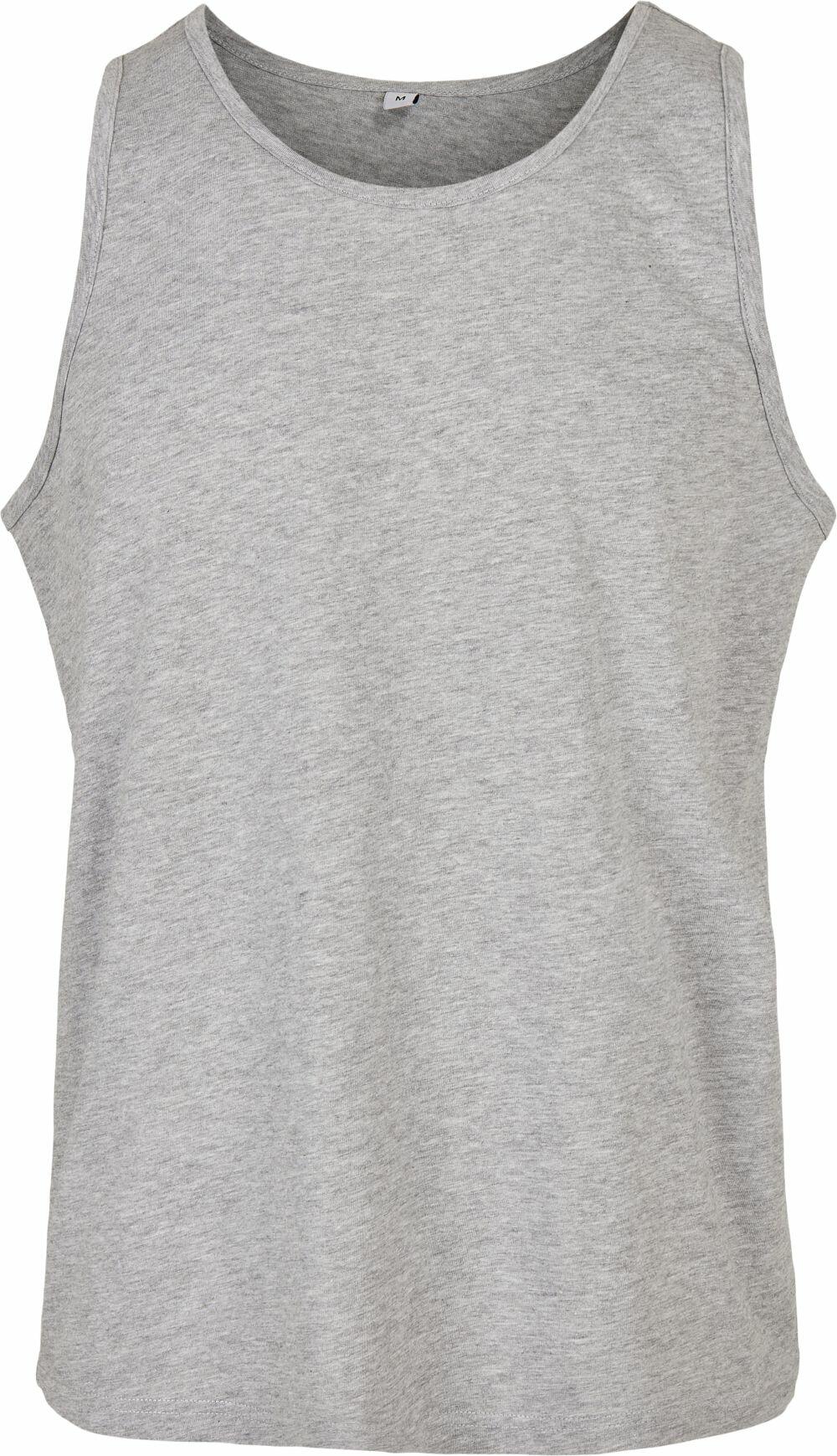A plain gray sleeveless tank top from Build Your Brand Basic (product BB011) is displayed against a white background. The fabric looks lightweight and comfortable, making it ideal for casual wear or sports activities. It features a round neckline and has a simple, classic design.