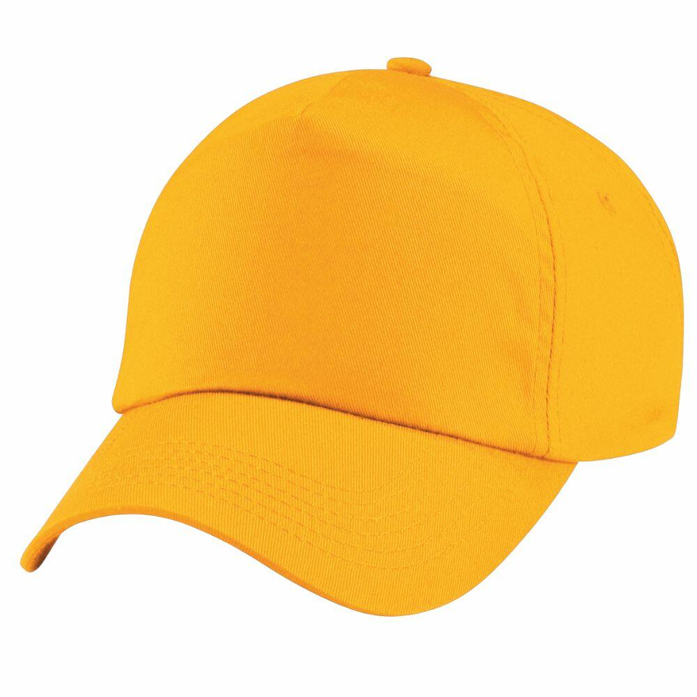 Beechfield's BC010 is a bright yellow baseball cap featuring a curved brim and an adjustable back strap, displayed against a plain white background.