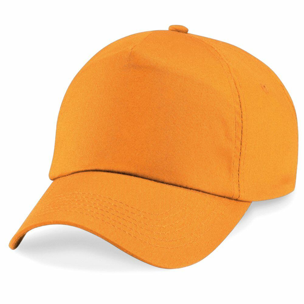 A Beechfield BC010 cap featuring a curved brim and an adjustable strap in orange.