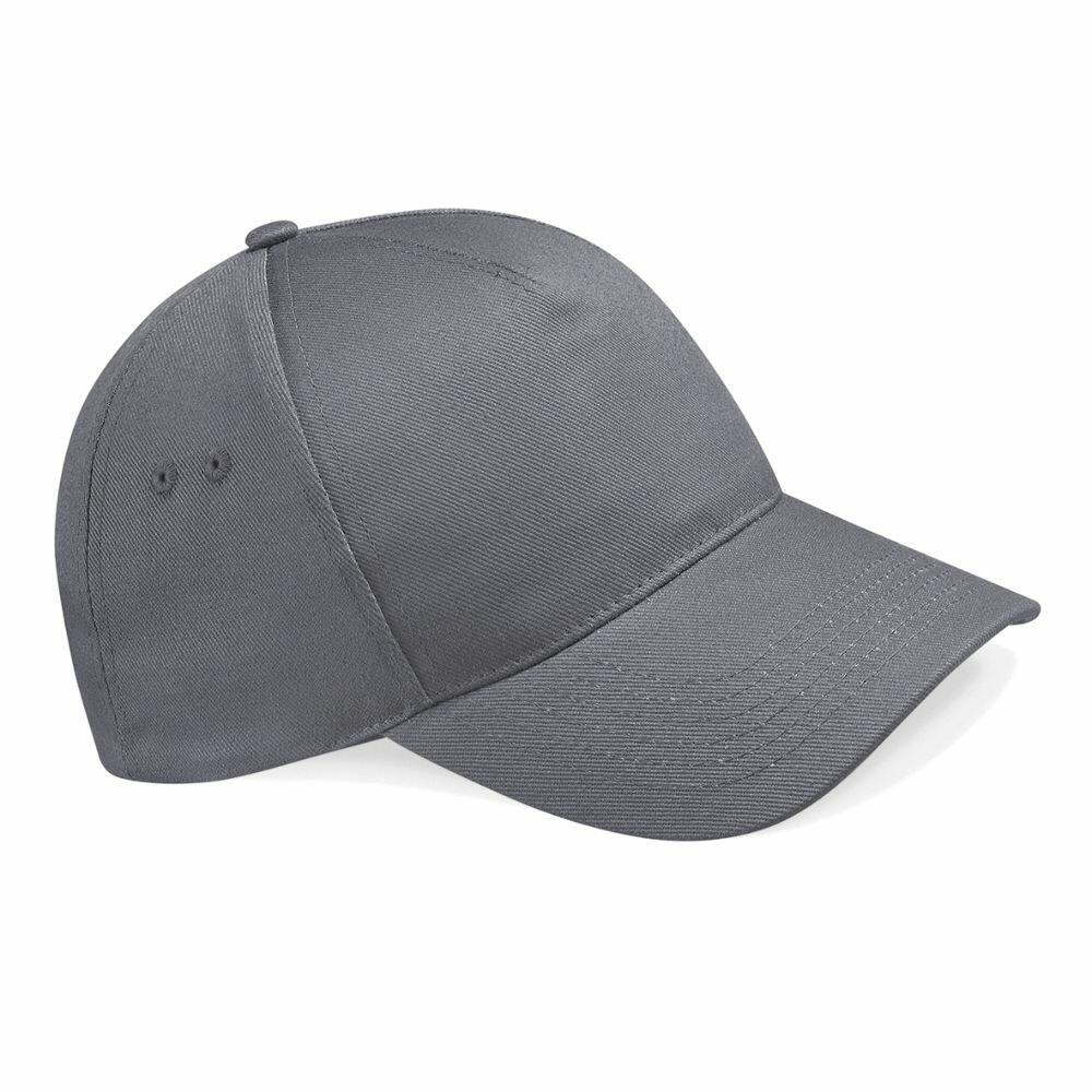Presenting the Beechfield BC015: a stylish grey baseball cap featuring a six-panel design and curved brim. It includes two ventilation eyelets on each side, showcased from an angle to emphasize its structured shape and smooth fabric texture.