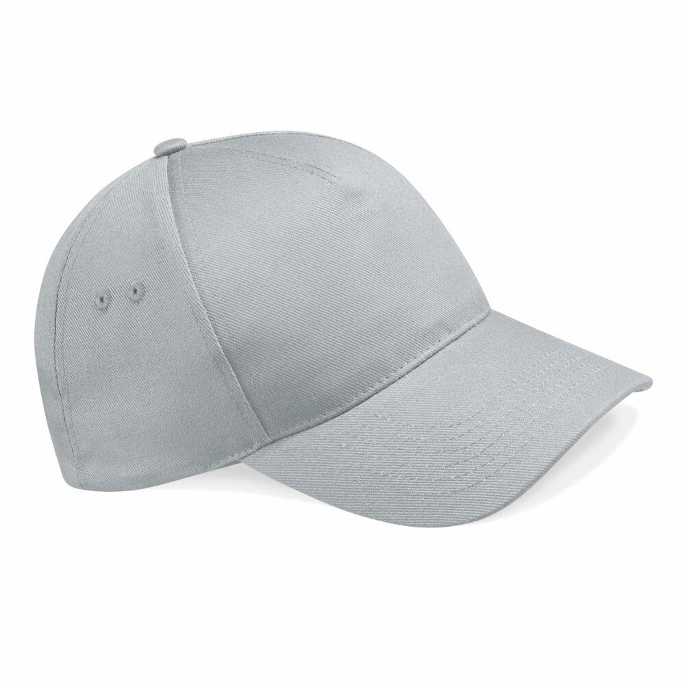 The Beechfield BC015 baseball cap is displayed at a slight angle against a white background, showcasing its light gray color with a curved brim and two ventilation holes on each side.