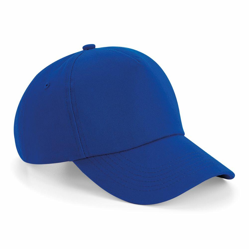 A Beechfield BC025 plain blue baseball cap featuring a curved brim and an adjustable strap.