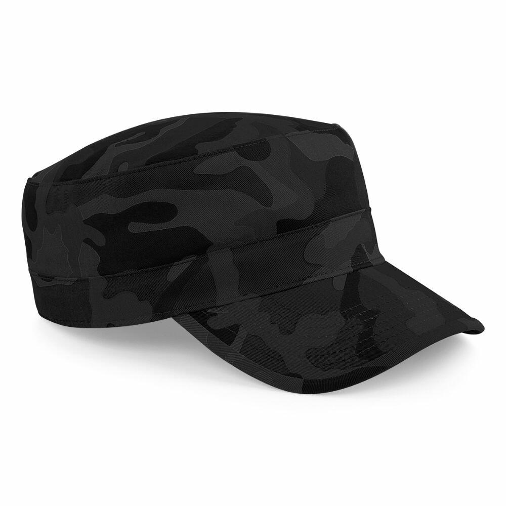 Introducing the Beechfield BC033: a black camouflage military-style cap featuring a flat top and curved brim.