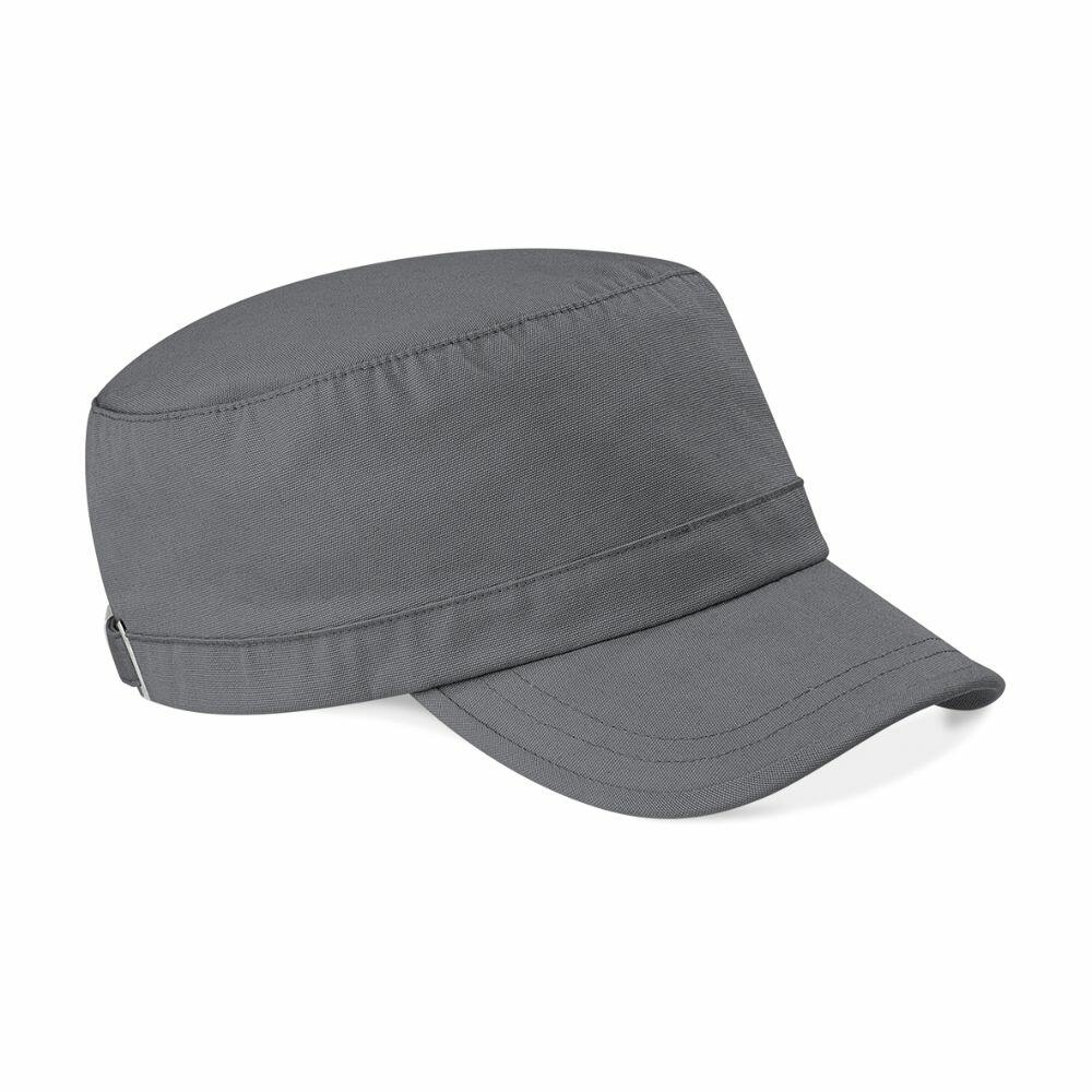 The Beechfield BC034 is a gray, military-style cap featuring a flat top and a curved bill.