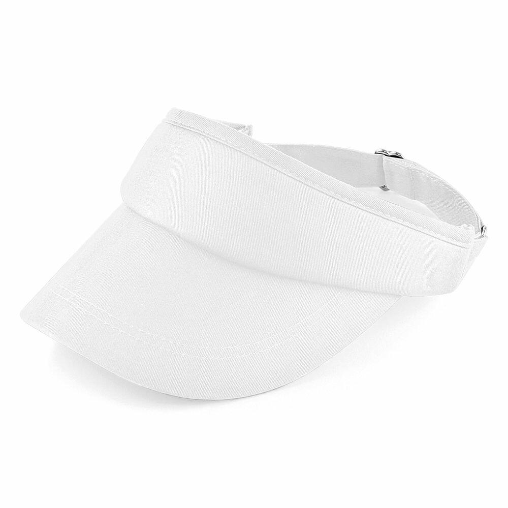 The Beechfield BC041 is a plain white visor cap featuring a curved brim and an adjustable strap, displayed against a white background.