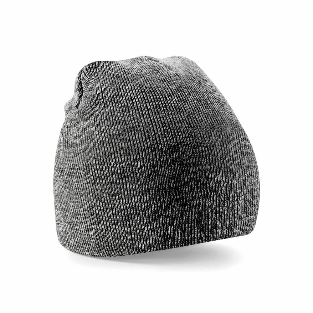 A Beechfield BC044 gray knit beanie hat with a ribbed texture, showcased against a white background.