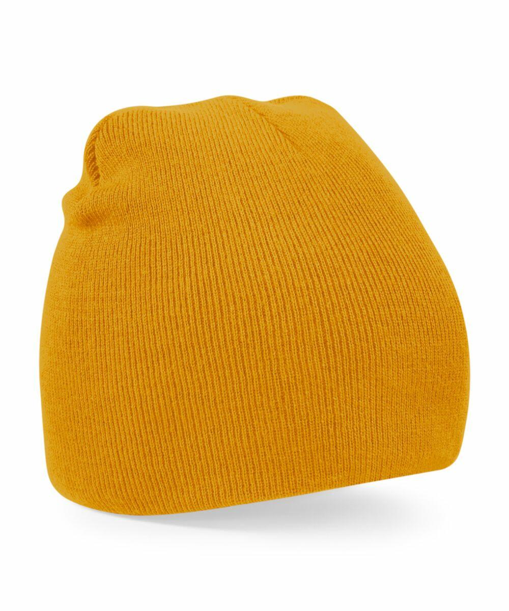 This mustard yellow Beechfield knitted beanie, product BC044, is displayed against a white background. It features a slightly slouched design with a smooth texture.