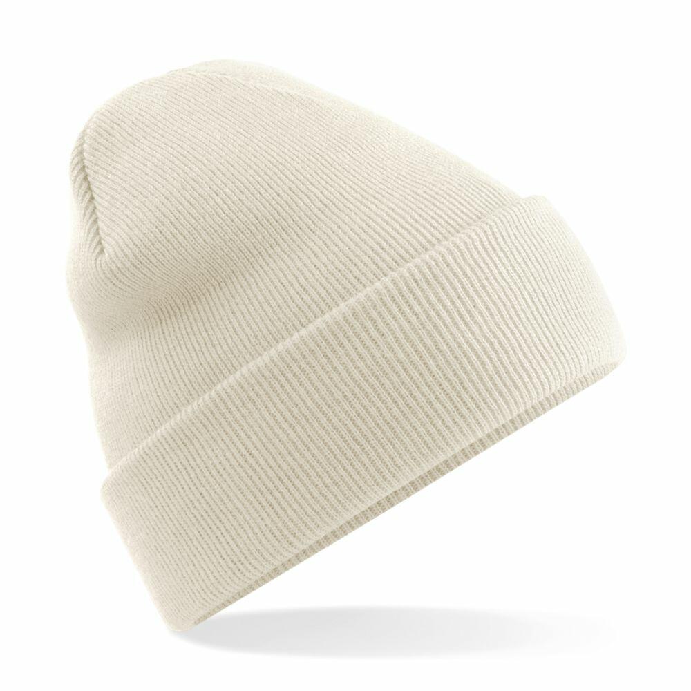 A Beechfield BC045 beige knitted beanie featuring a folded brim, isolated on a white background.