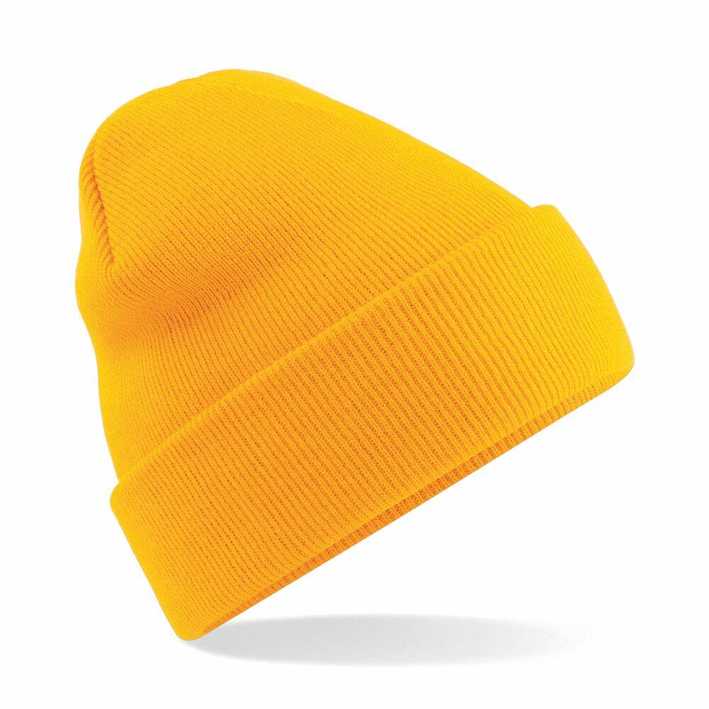 A vibrant yellow Beechfield BC045 knit beanie, featuring a folded brim, is displayed against a simple white background.