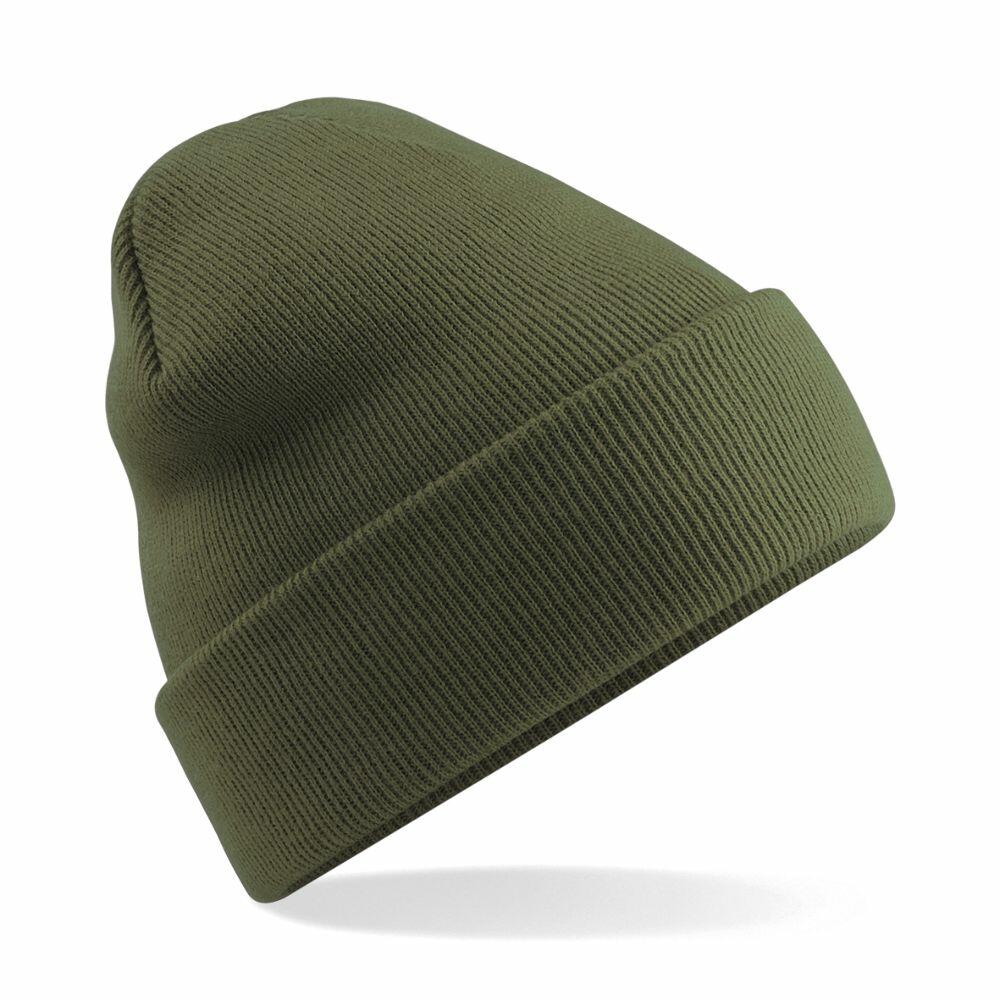 The Beechfield BC045 green knit beanie with a folded brim, showcased against a white background.