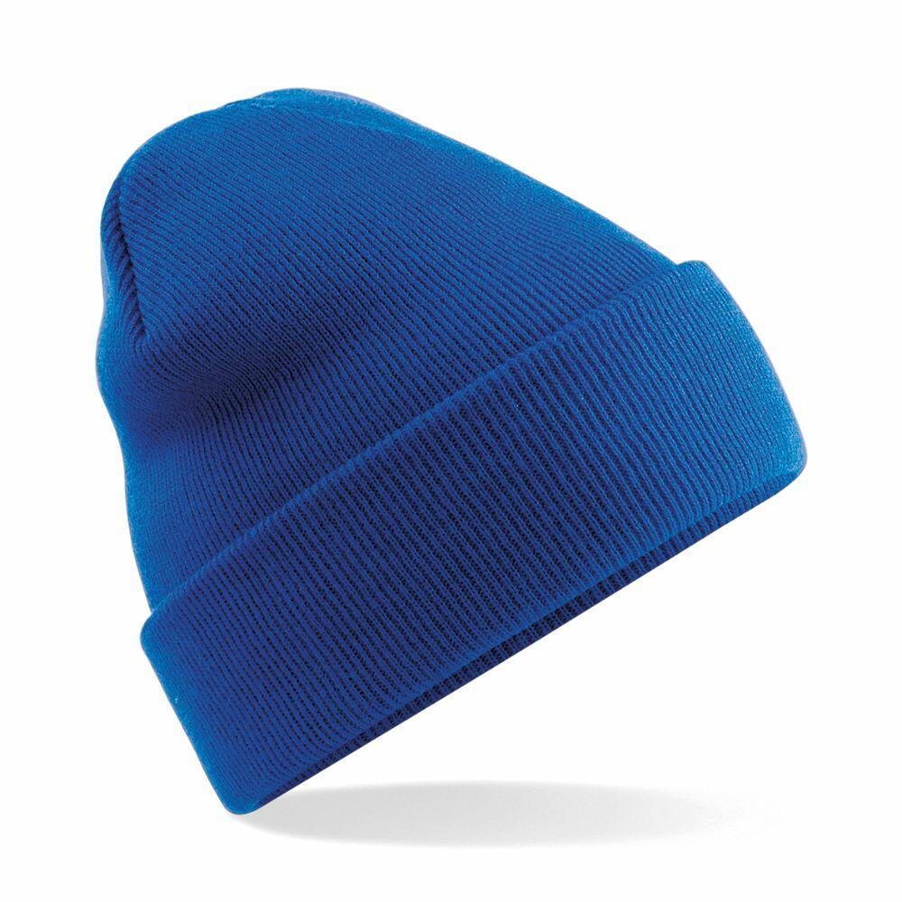 A Beechfield BC045 bright blue knit beanie hat featuring a folded brim, set against a plain white background. The hat is slightly elevated and angled, highlighting its texture and minimalist design.