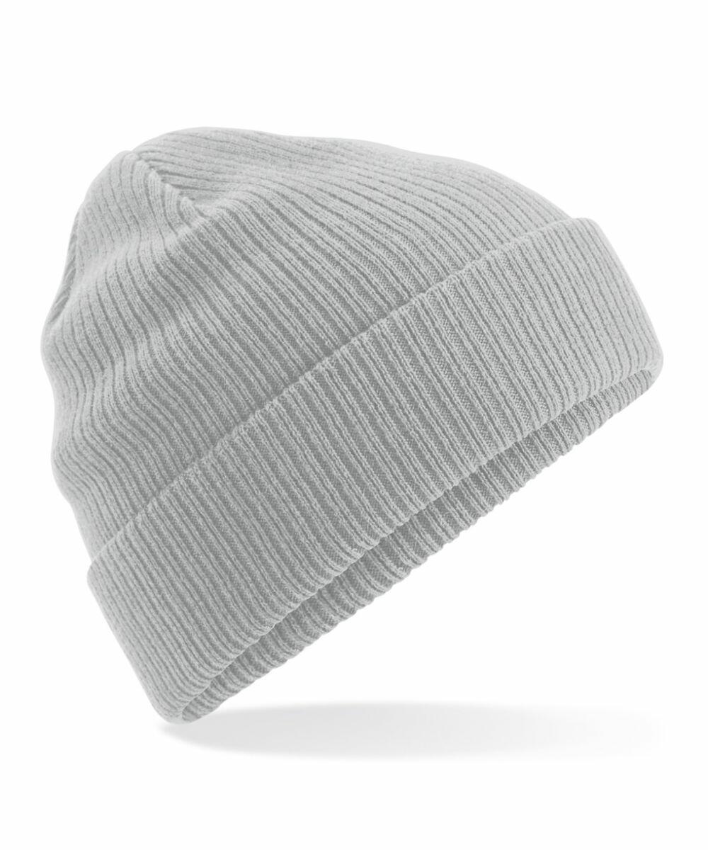 The Beechfield BC050 is a light gray knitted beanie featuring a folded brim, showcased on a white background.