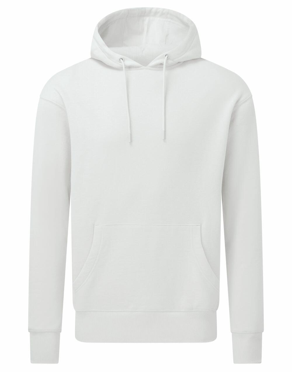 The Anthem AM006 is a plain white hoodie featuring a drawstring hood and a front kangaroo pocket, displayed against a white background. It boasts a simple and minimalist design.