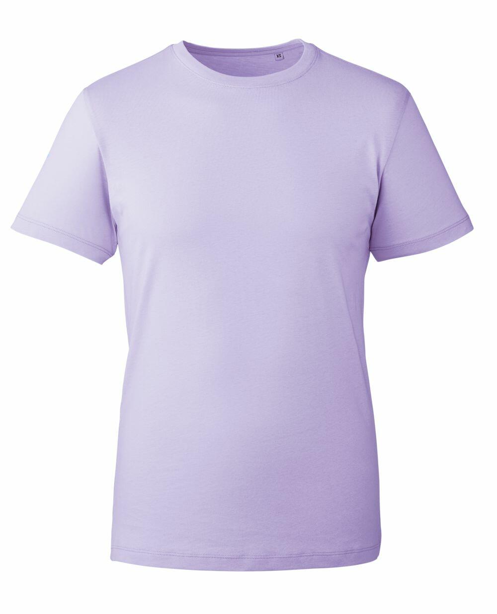 A simple and comfortable short-sleeve t-shirt from Anthem, model AM010, in a plain lavender color, showcased against a white backdrop with a round neckline.