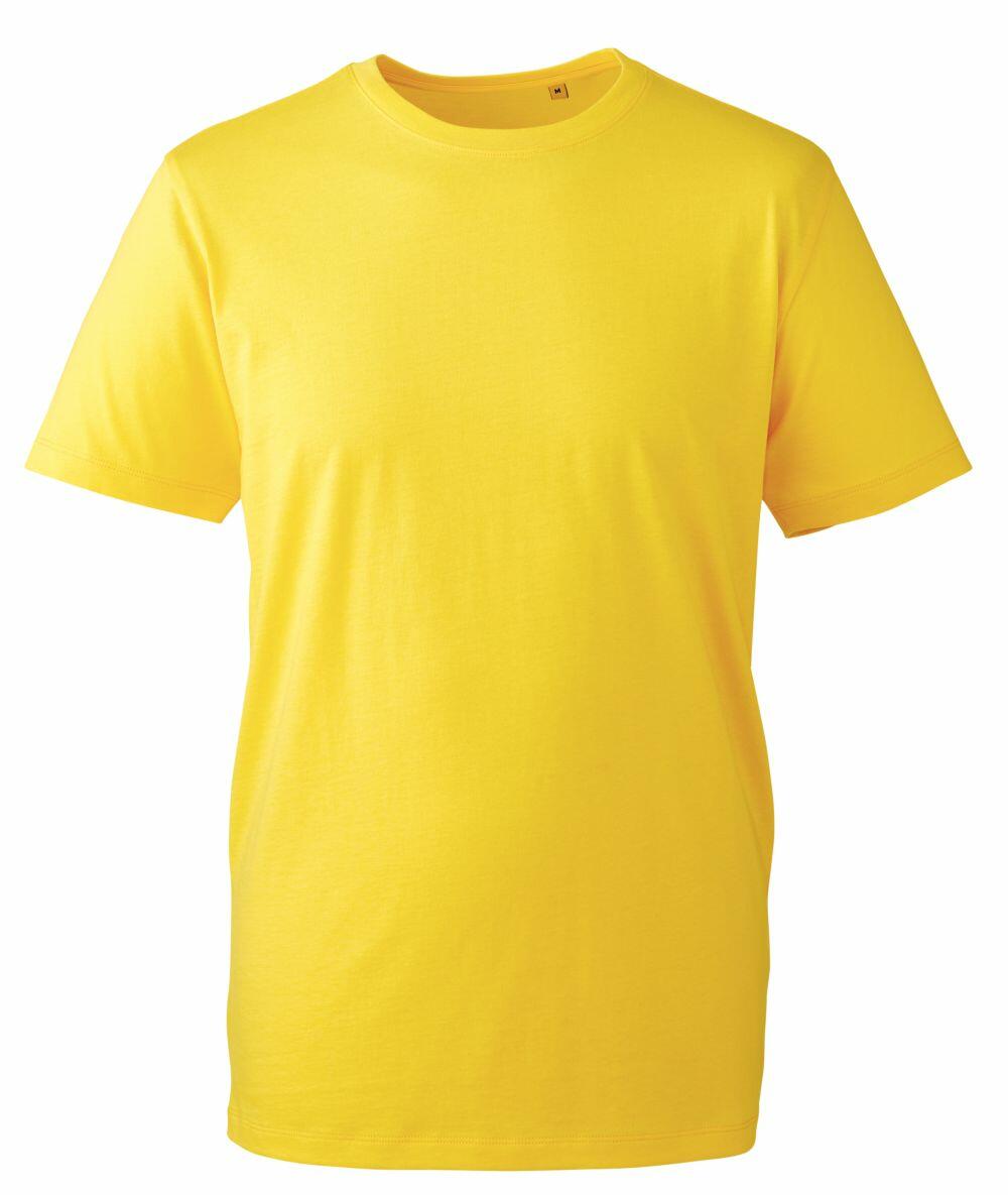 The AM010 by Anthem is a plain yellow T-shirt featuring short sleeves and a classic crew neck, displayed on a white background.
