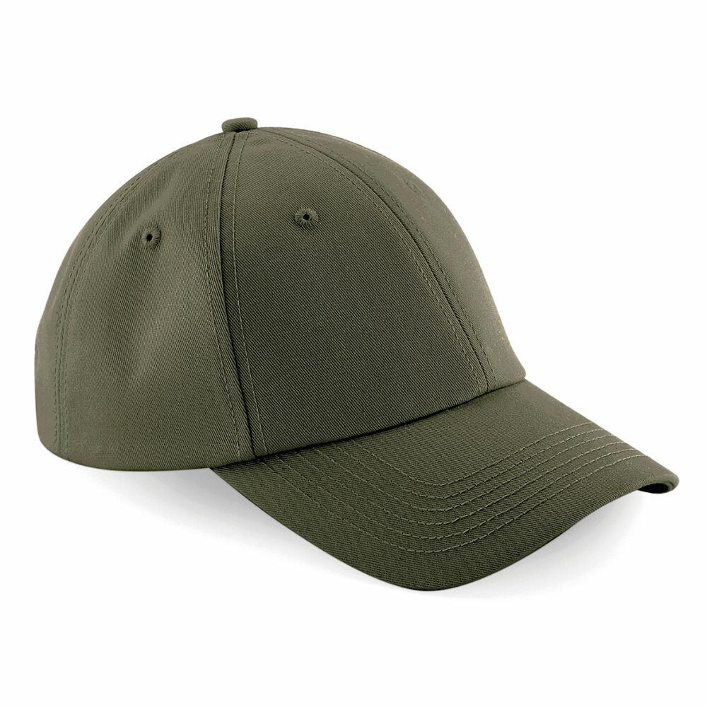 A Beechfield BC059 baseball cap in dark green, featuring a curved brim and stitched panels, is displayed against a plain white background.