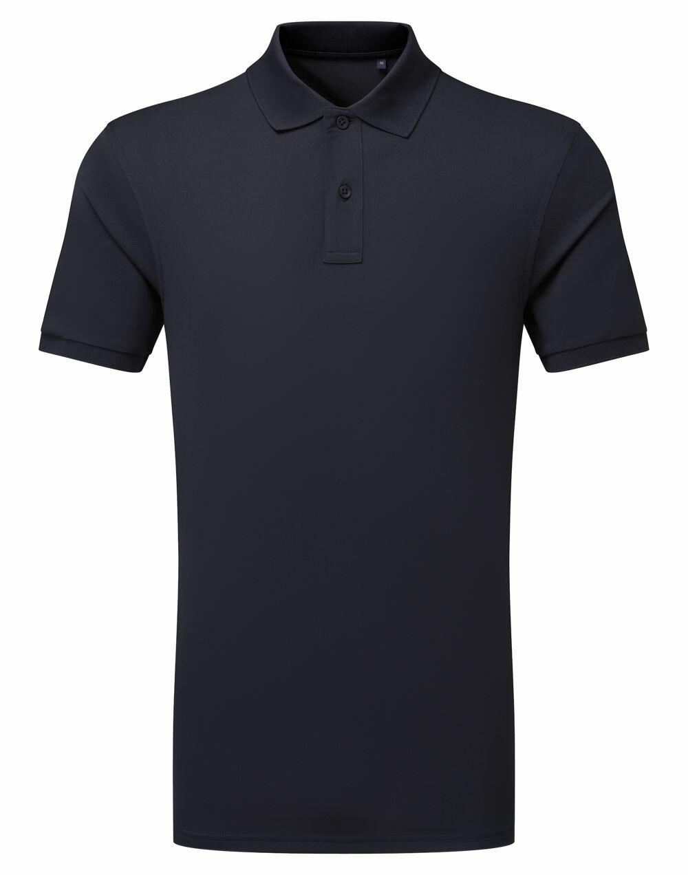 The black short-sleeve polo shirt, featuring a collar and three buttons, is displayed against a plain white background and is from the Asquith & Fox brand, product code AQ001.