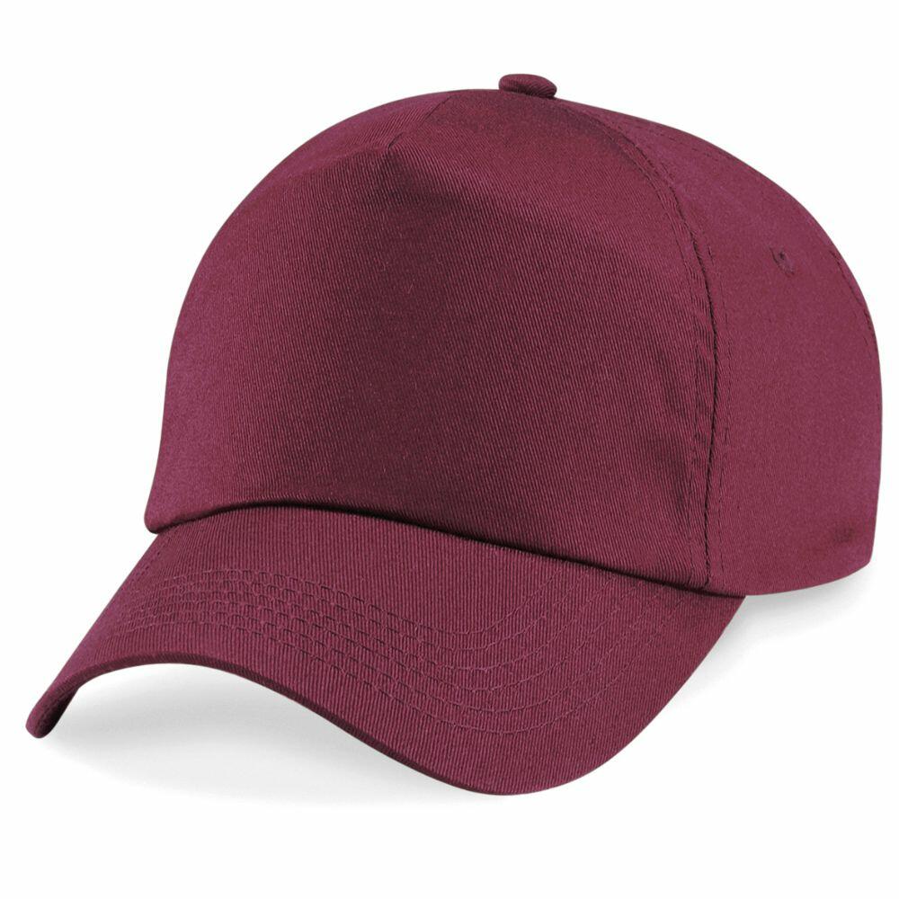 The BC10B by Beechfield is a maroon baseball cap featuring a curved brim, displayed at an angle. It showcases a smooth, plain fabric surface with six panels and includes a button on top.