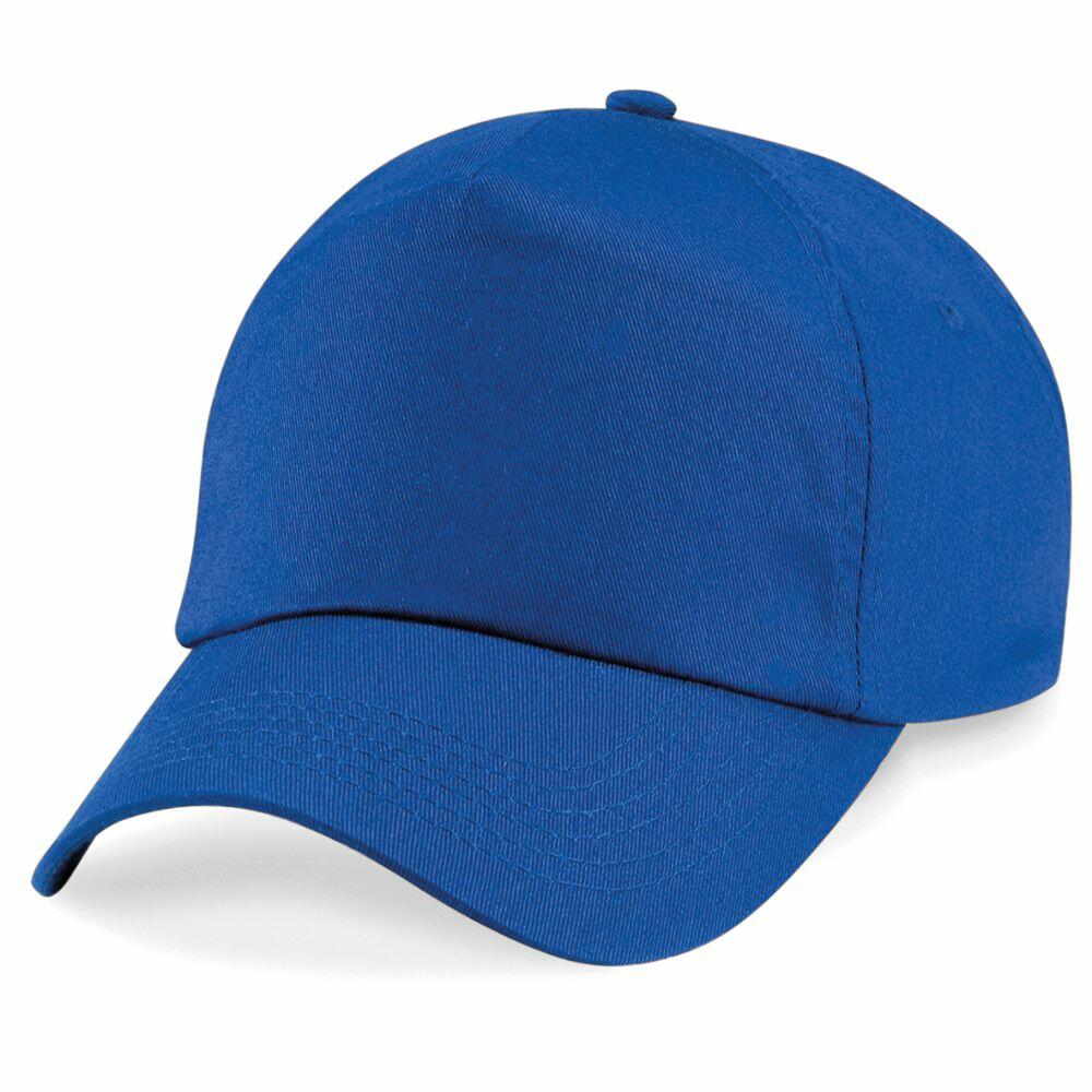 A Beechfield BC10B baseball cap in plain blue, featuring a curved brim and an adjustable back.