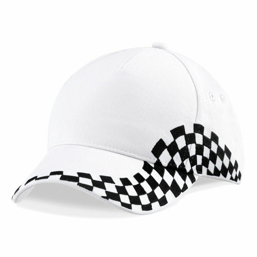 The Beechfield BC159 is a white baseball cap featuring a black and white checkered pattern along the brim and side, complete with a curved visor and an adjustable back.