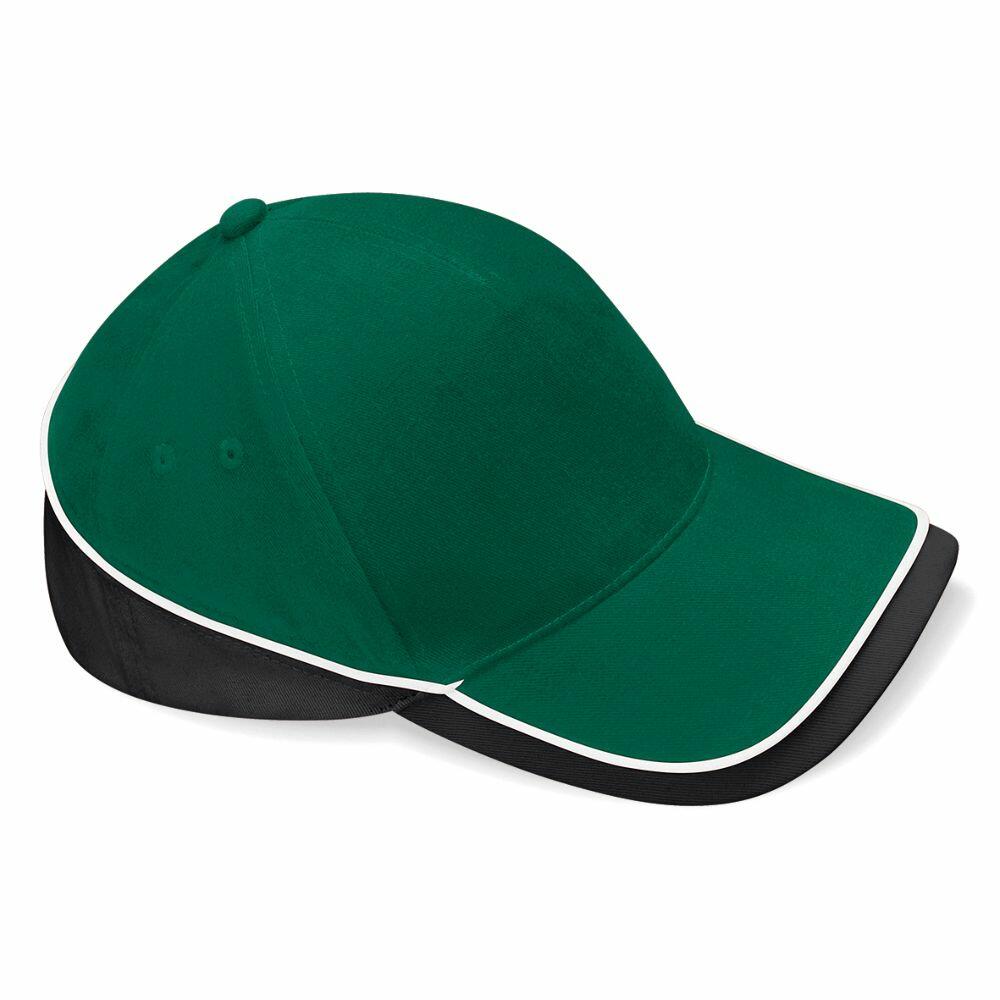 Beechfield's BC171 baseball cap, featuring a green and black design with a white trim on the visor, viewed from the side.