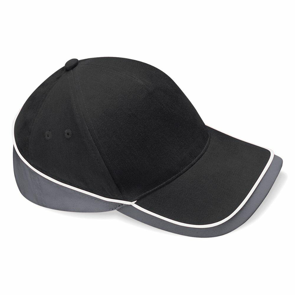 The BC171 by Beechfield is a black baseball cap with a grey brim, highlighted by white piping along the edges. It features a curved visor and side eyelets for ventilation.
