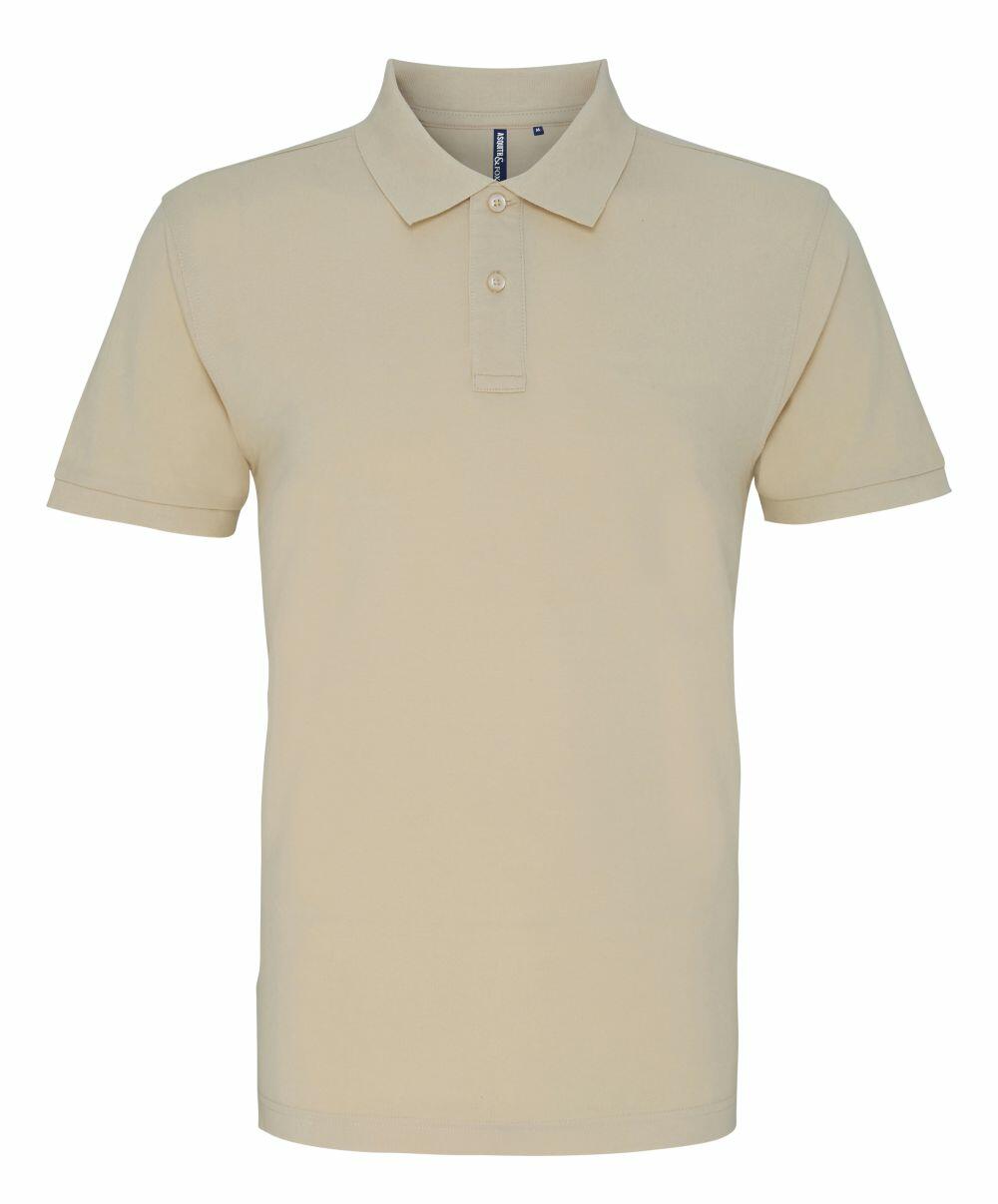 Introducing the AQ010 polo shirt by Asquith & Fox. This polo features a minimalist design with a classic collar and two-button placket. It is crafted in a plain beige color with short sleeves, and is elegantly showcased against a white background.