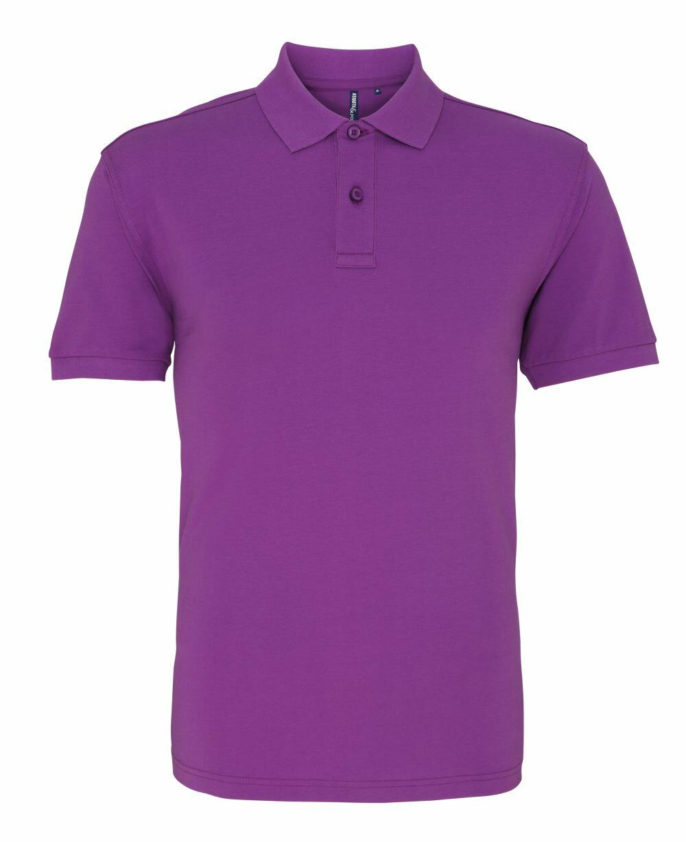 The Asquith & Fox AQ010 is showcased against a white backdrop, highlighting its design with a classic collar, three-button placket, and short sleeves in a plain purple hue.